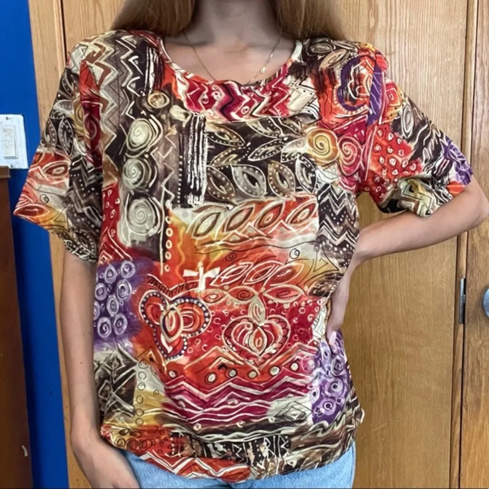 Vintage sag harbor colorful printed short sleeve top S - Picture 2 of 7